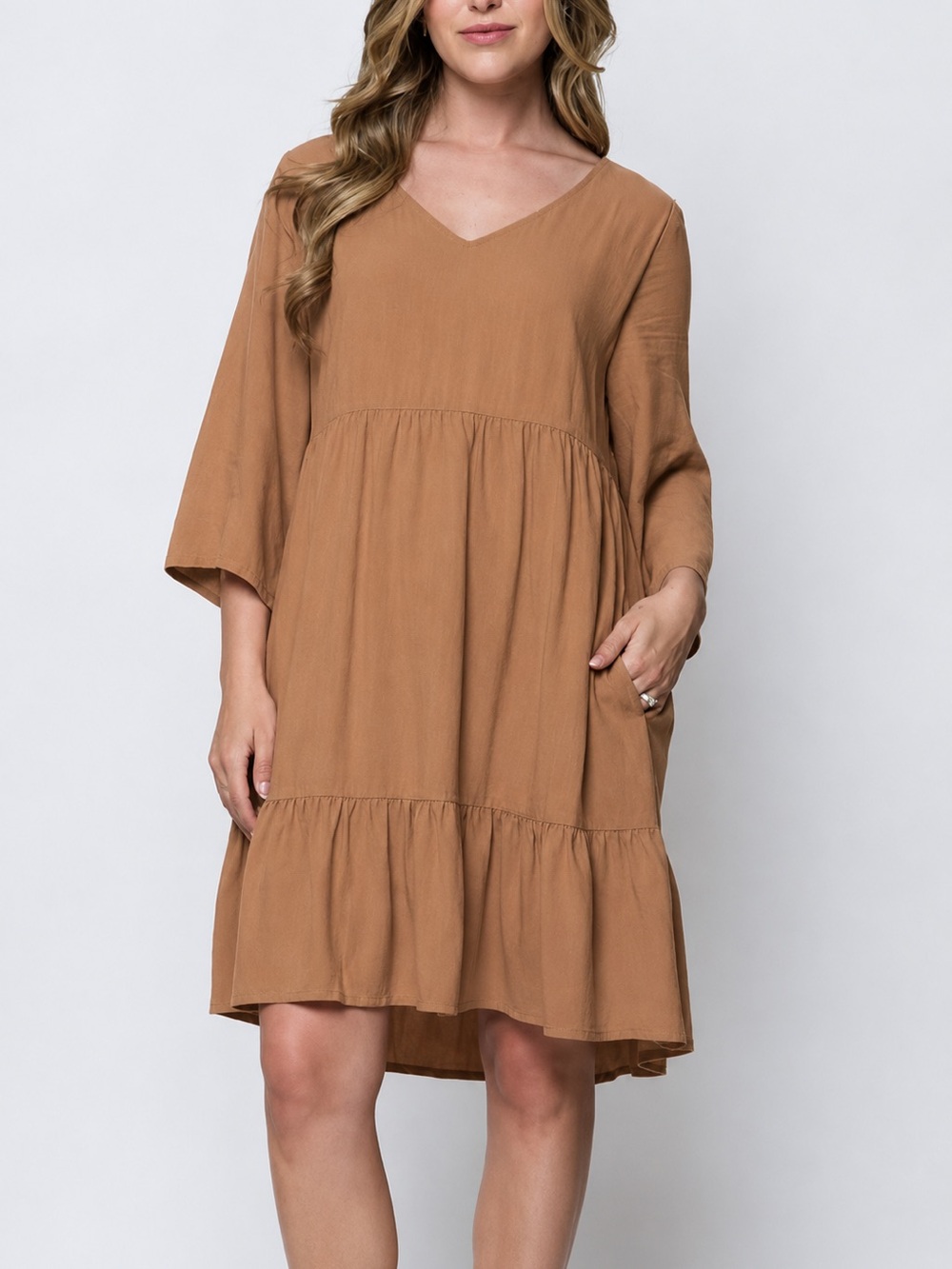 V-Neck Tiered Linen Midi Dress in Warm Tan w/ pockets & liner